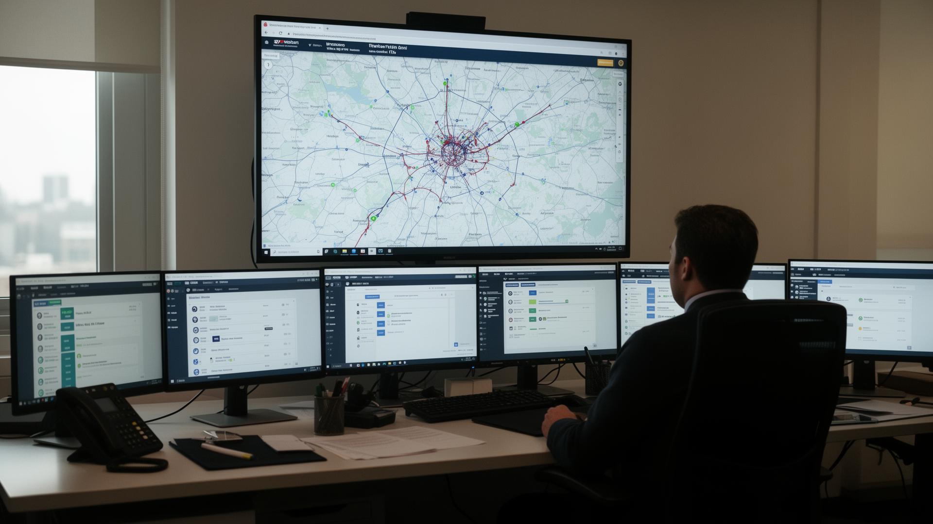 ELV fleet control room operator viewing live GPS tracking map of London
