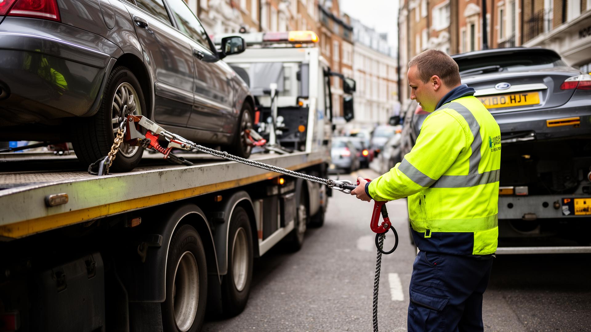 ELV recovery operator winching a vehicle onto a flatbed on a London street